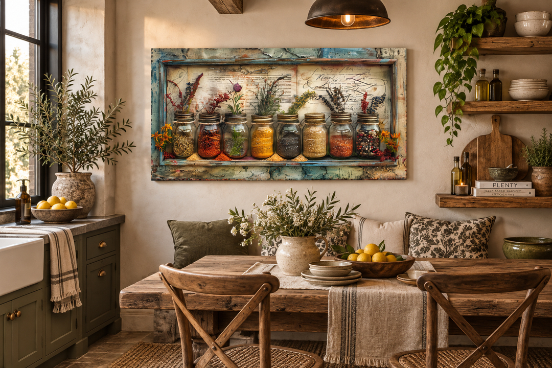 Rustic farmhouse kitchen wall art featuring a row of spices and herbs in jars on a framed canvas.