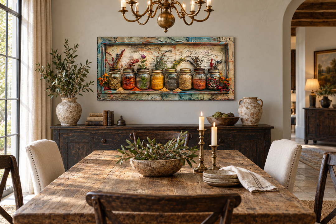 Spices and herbs in jars rustic farmhouse framed canvas wall art above a wooden dining table.