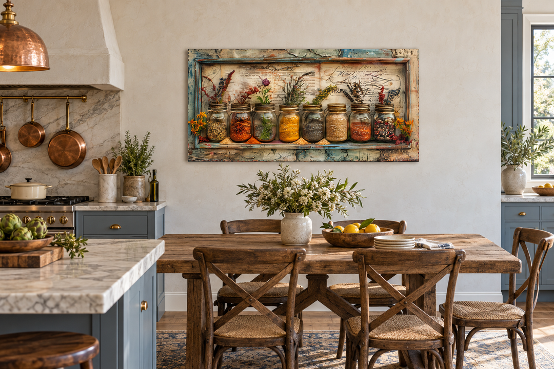 Rustic farmhouse framed canvas wall art of spices and herbs in jars above a wooden dining table.
