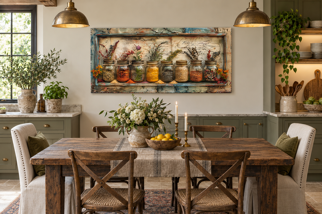 Rustic farmhouse framed canvas wall art featuring spices and herbs in jars above a dining table.