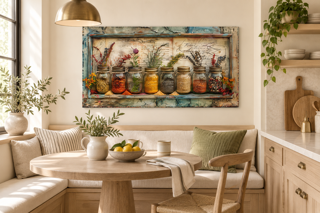 Rustic farmhouse framed canvas wall art featuring spices and herbs in jars above a dining nook.