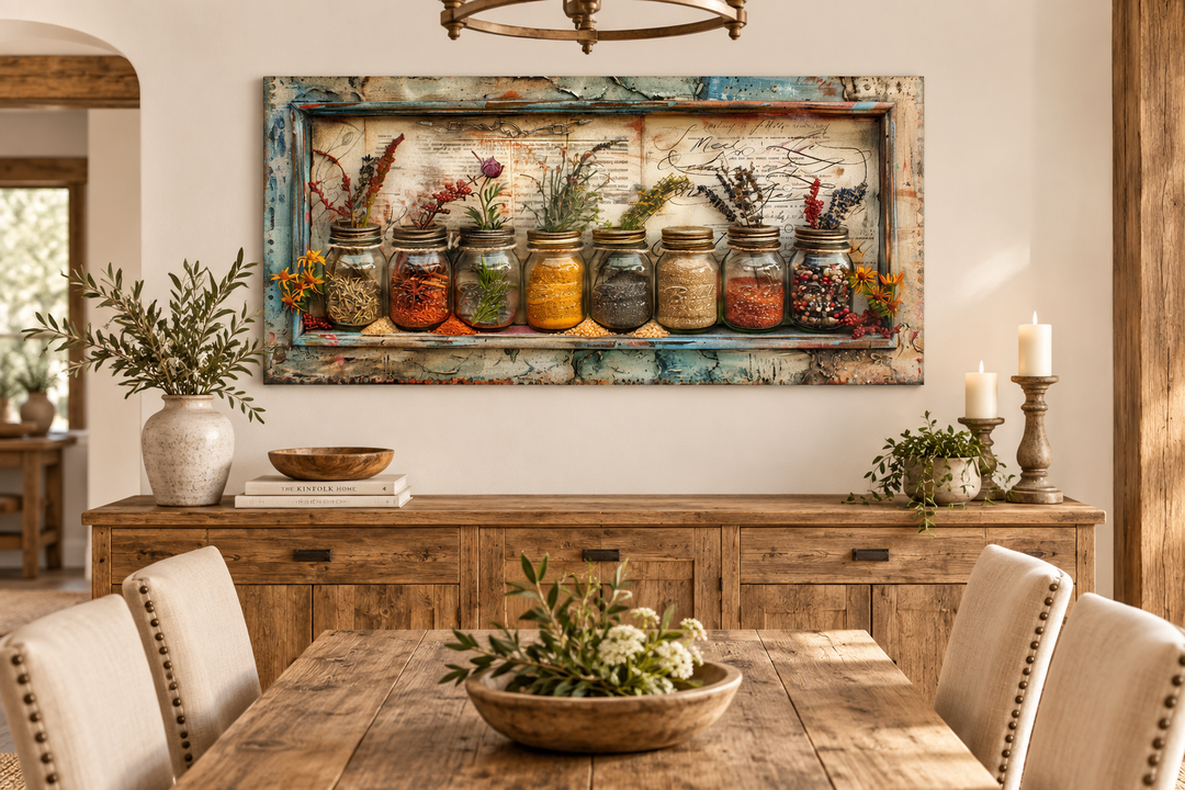 Rustic framed canvas wall art of colorful spices and herbs in jars above a wooden sideboard.