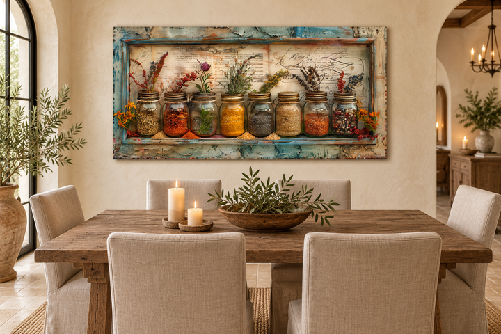 Rustic farmhouse framed canvas wall art of colorful spices and herbs in jars over a dining table.