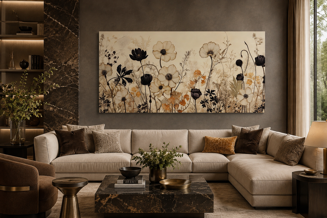 Large horizontal canvas print of vintage black and neutral wildflowers above a modern beige sofa.