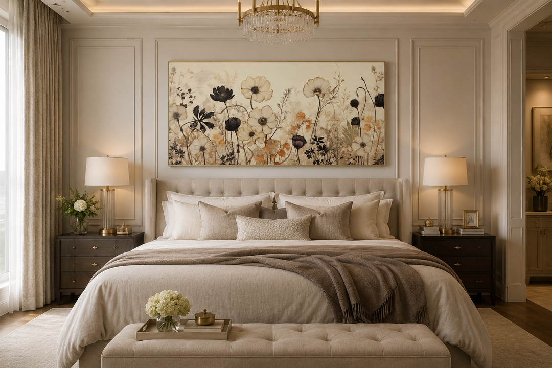 Vintage wildflower canvas wall art in neutral tones hanging above a bed in a farmhouse bedroom.