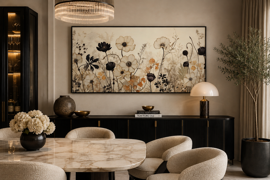 Large horizontal canvas print of vintage black and neutral wildflowers above a dark sideboard.