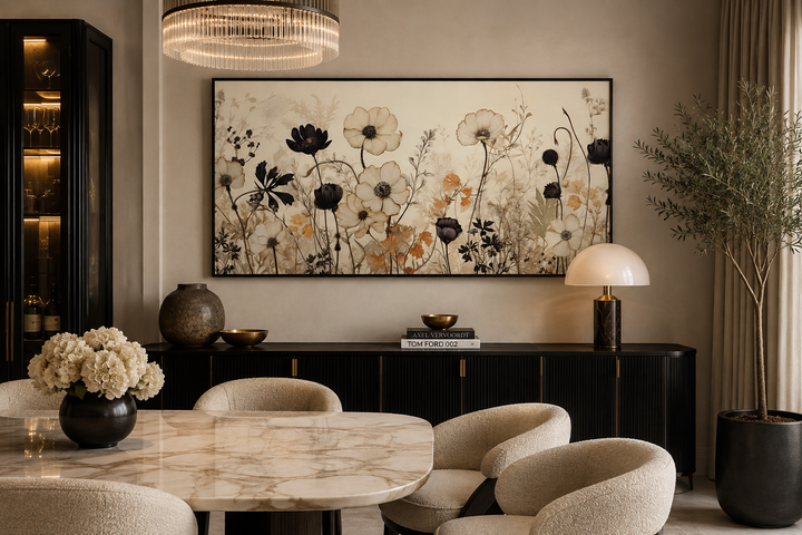 Large horizontal canvas print of vintage black and neutral wildflowers above a dark sideboard.