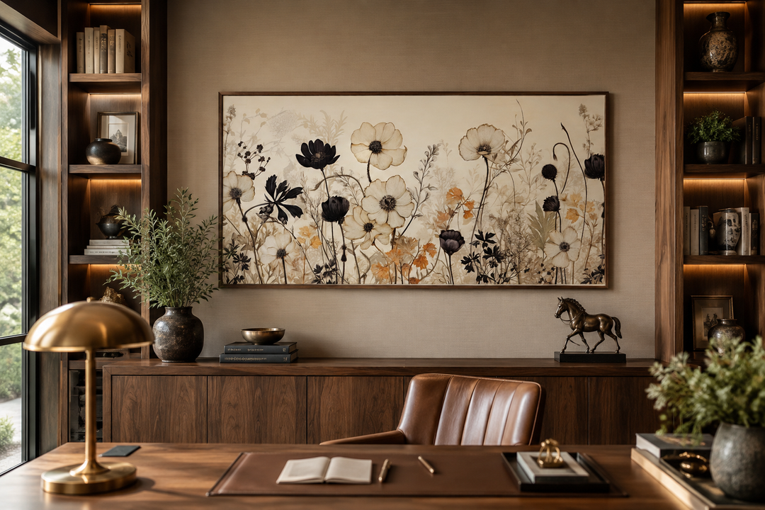 Vintage wildflower canvas wall art with neutral floral silhouettes in a wooden frame above a desk.