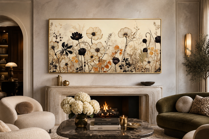Vintage black and neutral wildflowers canvas wall art in a gold frame above a fireplace mantel.