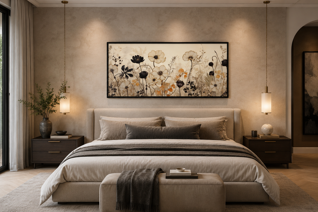 Vintage wildflower canvas wall art in neutral and black tones hanging above a modern bed.