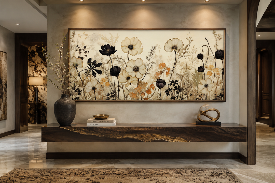 Horizontal canvas wall art featuring vintage black and neutral wildflowers above a wooden console.