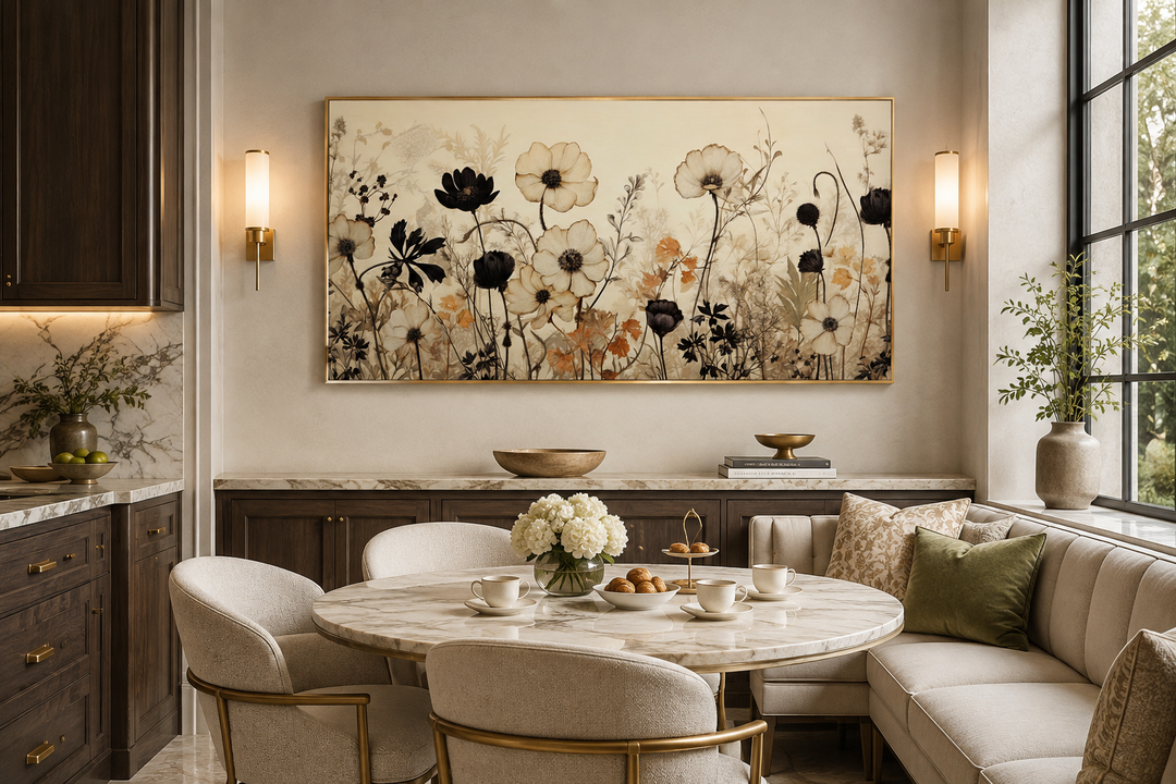 Horizontal vintage wildflowers canvas wall art in neutral and black tones above a dining table.