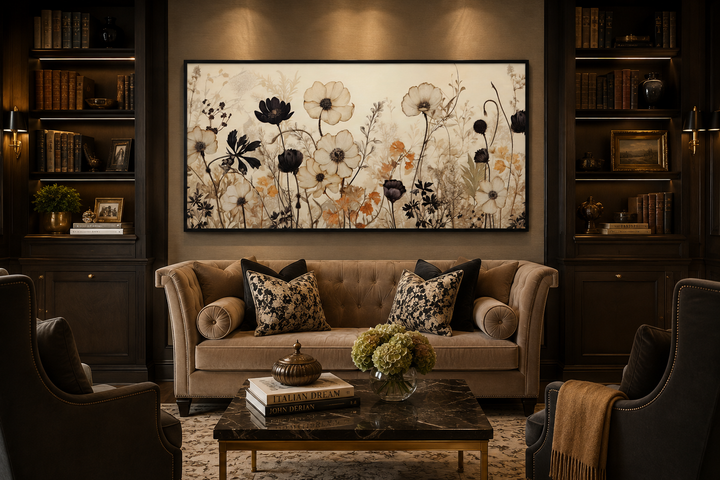 Vintage black and neutral wildflowers canvas wall art in a horizontal frame above a tan sofa.