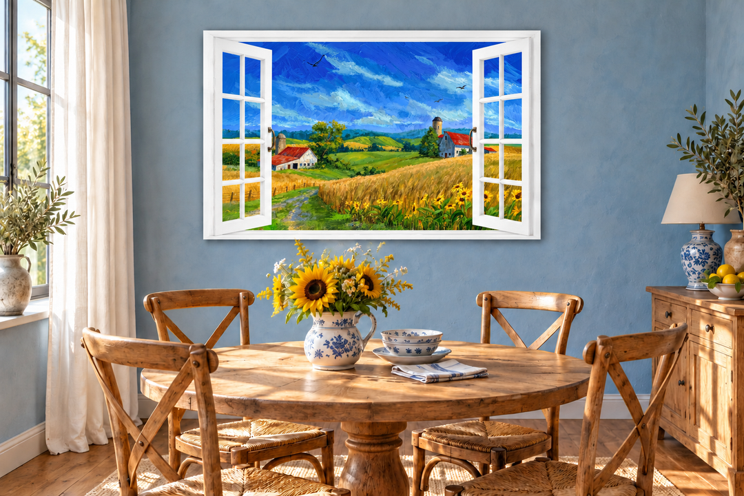 Summer Farm Landscape Window View Canvas Wall Art