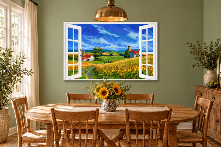 Summer Farm Landscape Window View Canvas Wall Art