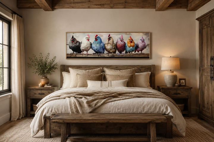 Panoramic framed canvas art of colorful chickens perched on a fence in a rustic farmhouse bedroom.