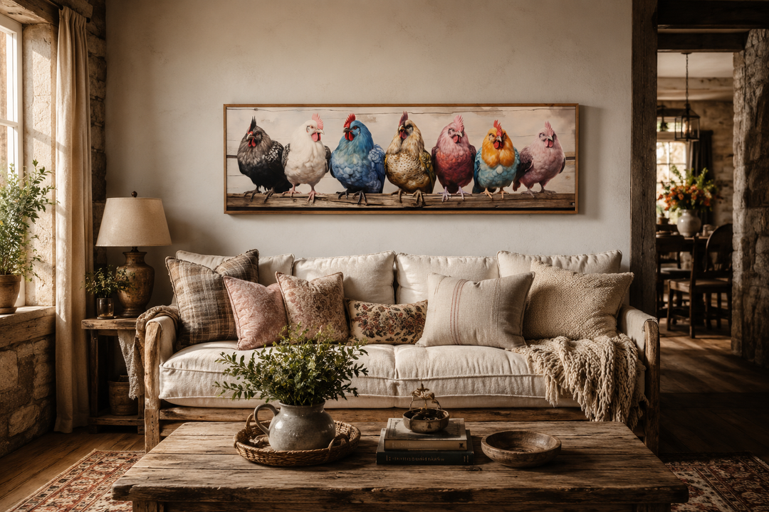 Panoramic framed canvas art of colorful chickens perched on a fence above a rustic farmhouse sofa.