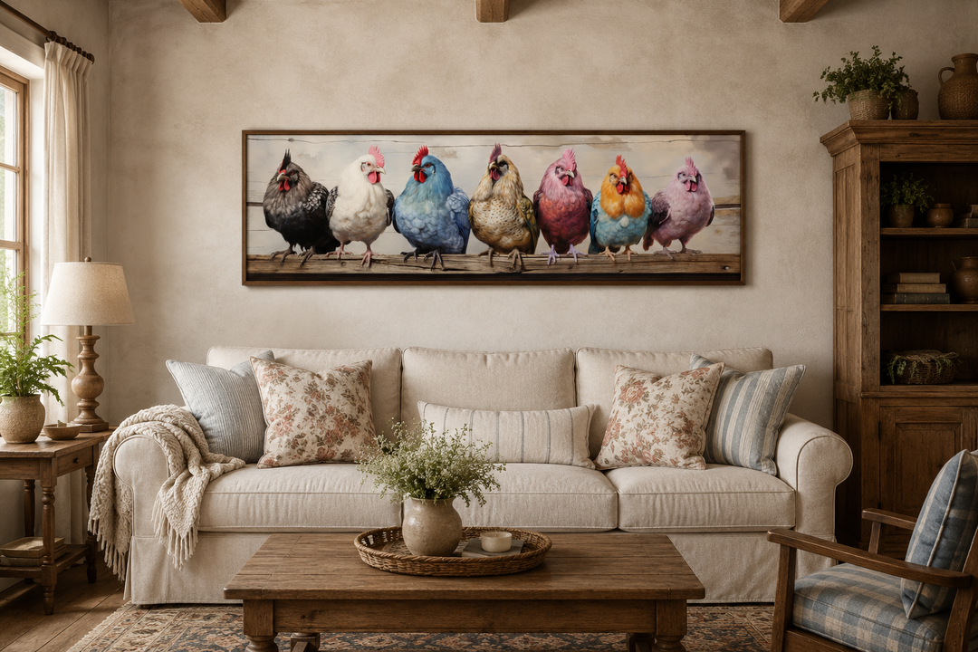 Panoramic framed canvas wall art of colorful chickens perched on a rustic fence in a living room.