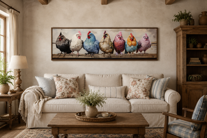Panoramic framed canvas wall art of colorful chickens perched on a rustic fence in a living room.