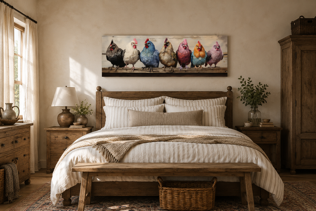 Panoramic farmhouse canvas art of colorful chickens perched on a fence above a rustic wooden bed.