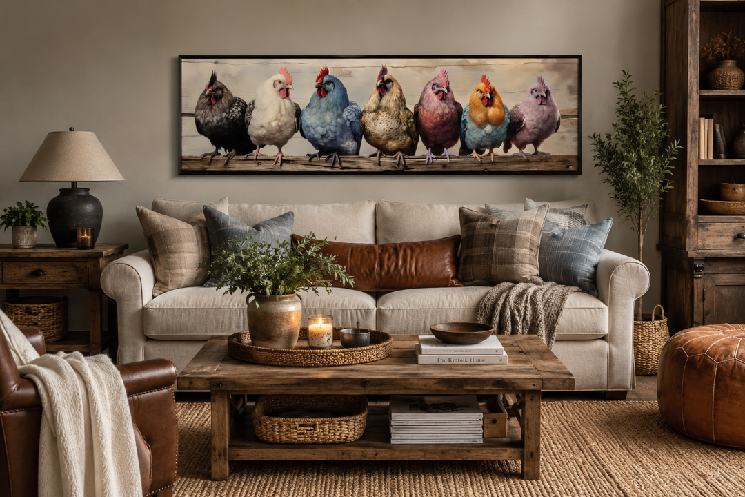 Panoramic framed canvas wall art of colorful chickens perched on a fence in a rustic living room.