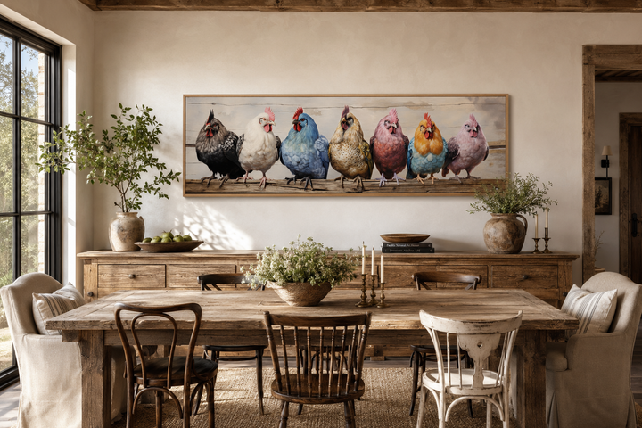 Panoramic framed canvas of colorful chickens on a fence above a rustic dining table.