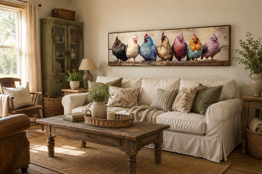 Panoramic framed canvas wall art of colorful chickens perched on a rustic wooden fence.
