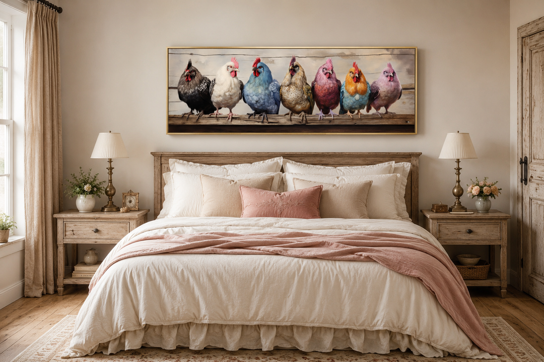 Panoramic framed canvas wall art of colorful chickens perched on a fence in a farmhouse bedroom.