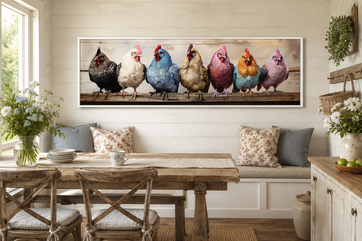 Panoramic framed canvas wall art of seven colorful chickens perched on a rustic wooden fence.