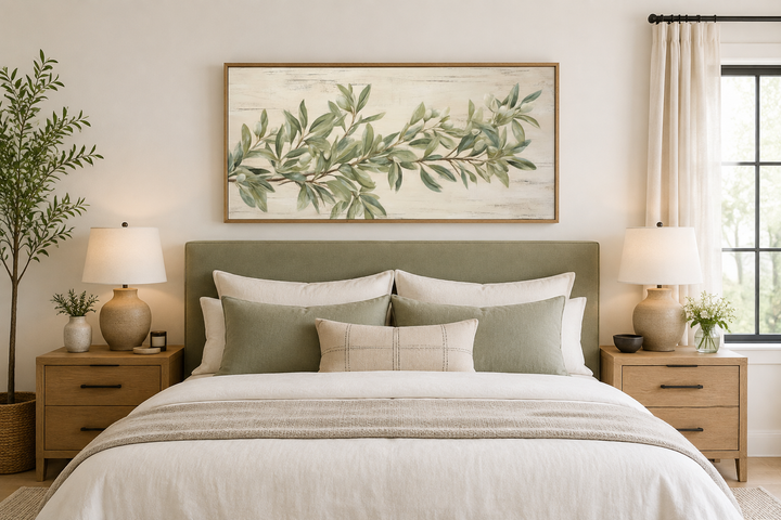 Sage green olive branch painting on wood framed canvas wall art above a bed in a farmhouse bedroom.