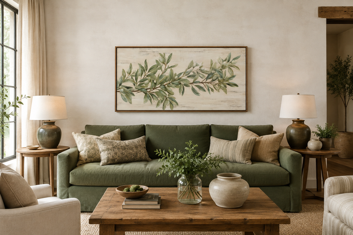 Sage green olive branch painting on wood framed canvas wall art above a green sofa in a living room.
