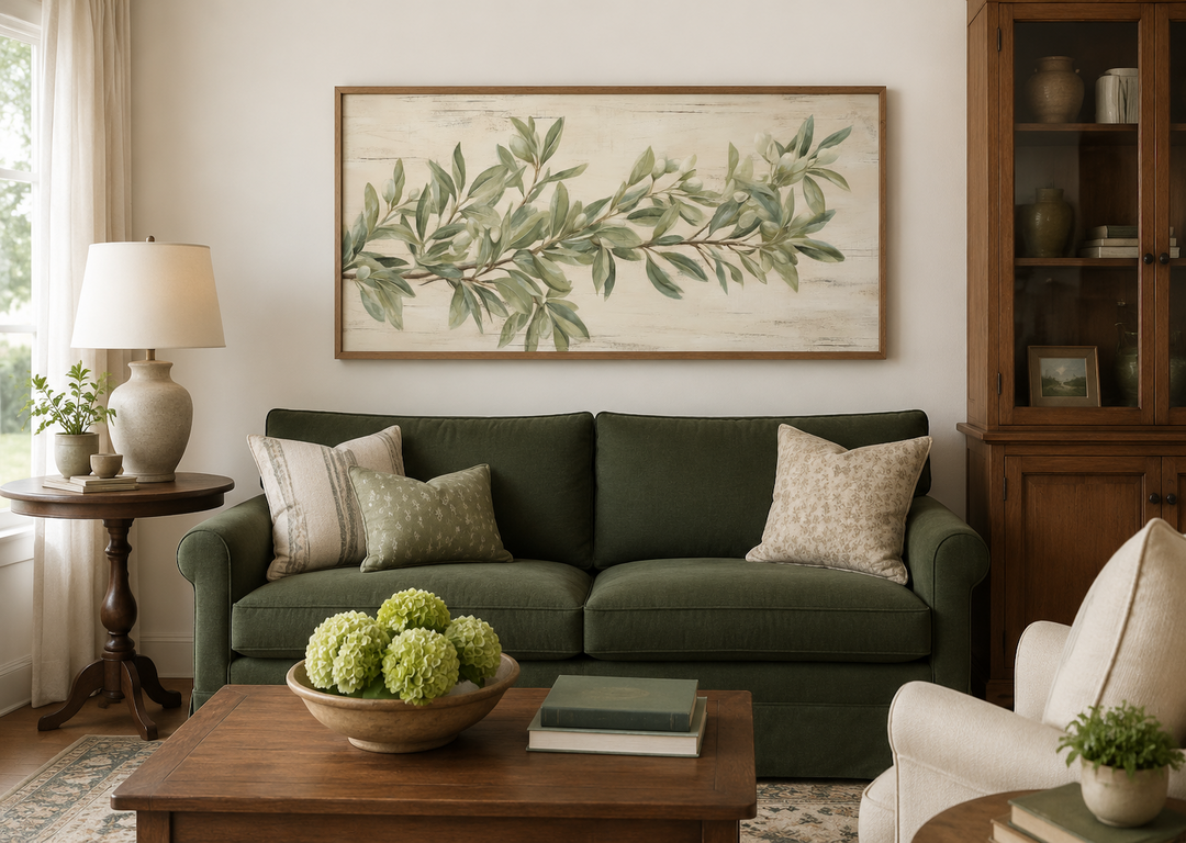 Sage green olive branch painting on wood framed canvas wall art above a green sofa.
