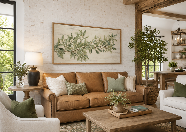 Sage green olive branch painting on wood framed canvas wall art above a brown leather sofa.