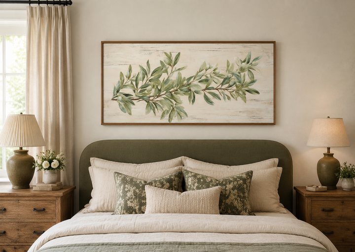 Sage green olive branch painting on wood framed canvas wall art above a bed in a farmhouse bedroom.