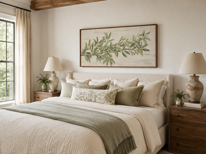 Sage green olive branch painting on wood framed canvas wall art above a bed in a farmhouse bedroom.