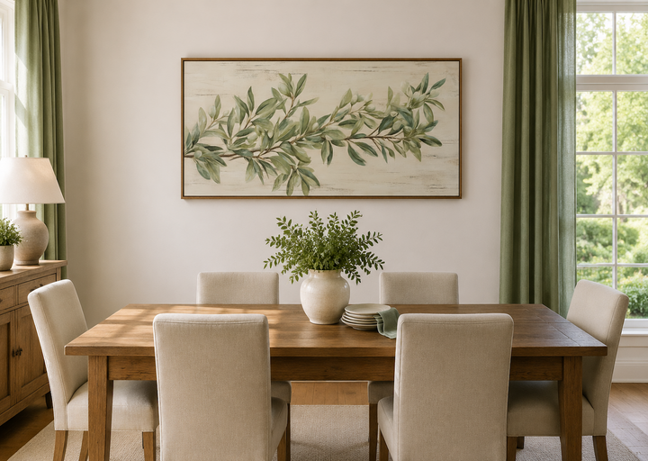 Sage green olive branch painting on wood framed canvas wall art above a farmhouse dining table.
