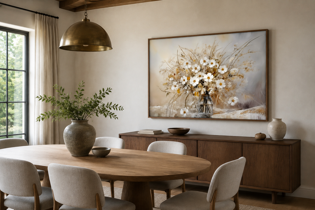 Rustic white wildflowers bouquet framed canvas wall art in a neutral dining room setting.