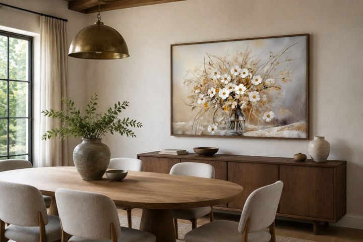 Rustic white wildflowers bouquet framed canvas wall art in a neutral dining room setting.