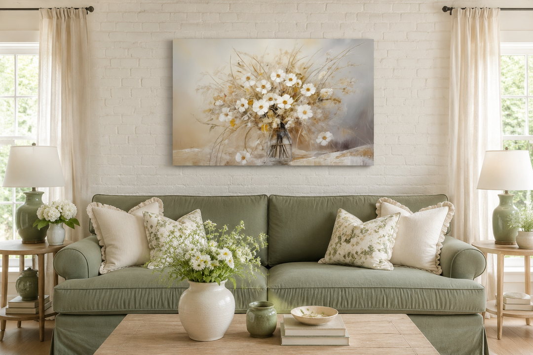 Rustic white wildflowers bouquet framed canvas wall art above a green sofa in a farmhouse room.