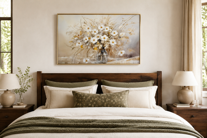 Rustic white wildflowers bouquet framed canvas wall art hanging above a bed in a farmhouse bedroom.
