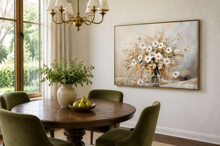 Rustic white wildflowers bouquet framed canvas wall art in a farmhouse dining room setting.