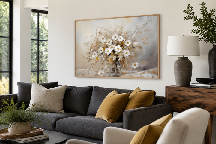 Rustic white wildflowers bouquet framed canvas wall art in a neutral-toned farmhouse living room.