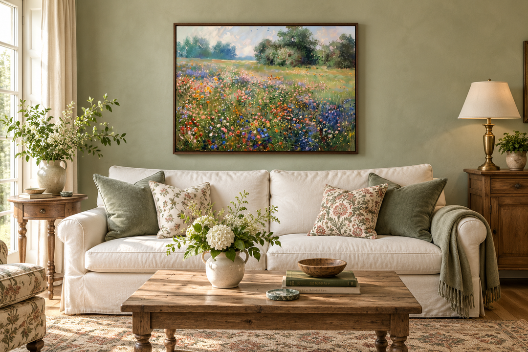 Antique wildflowers meadow farmhouse framed canvas wall art hanging above a white sofa.