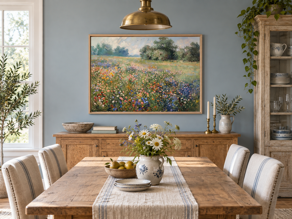 Antique wildflowers meadow farmhouse framed canvas wall art hanging above a wooden sideboard.