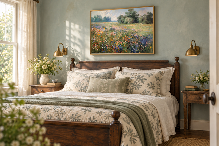 Framed canvas wall art of a colorful wildflower meadow hanging above a wooden farmhouse bed.