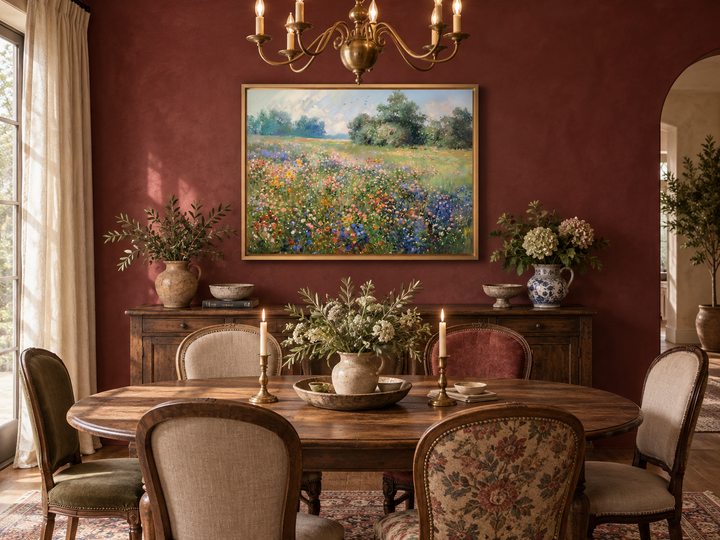 Antique wildflowers meadow painting in a gold frame above a wooden dining table in a rustic room.