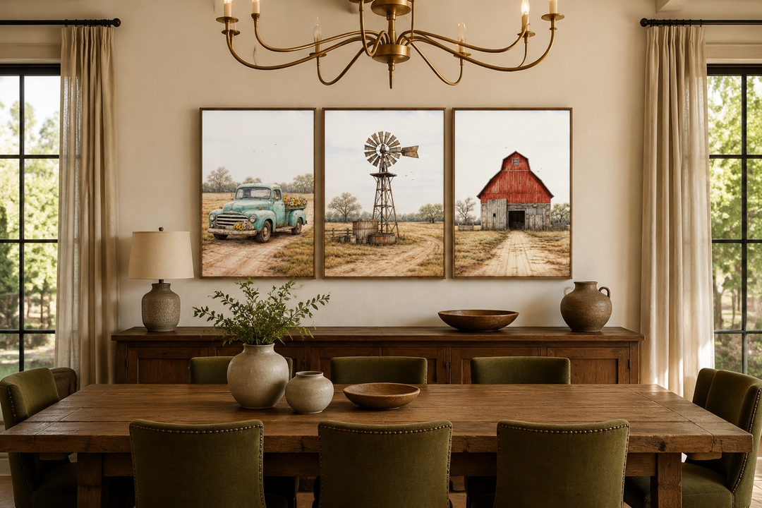 Set of 3 rustic farmhouse canvas prints featuring a vintage truck, windmill, and red barn.