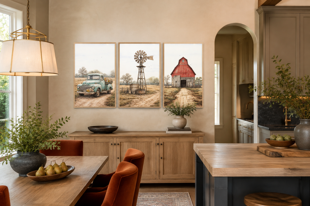 Set of 3 farmhouse canvas prints featuring a vintage blue truck, a windmill, and a red barn.