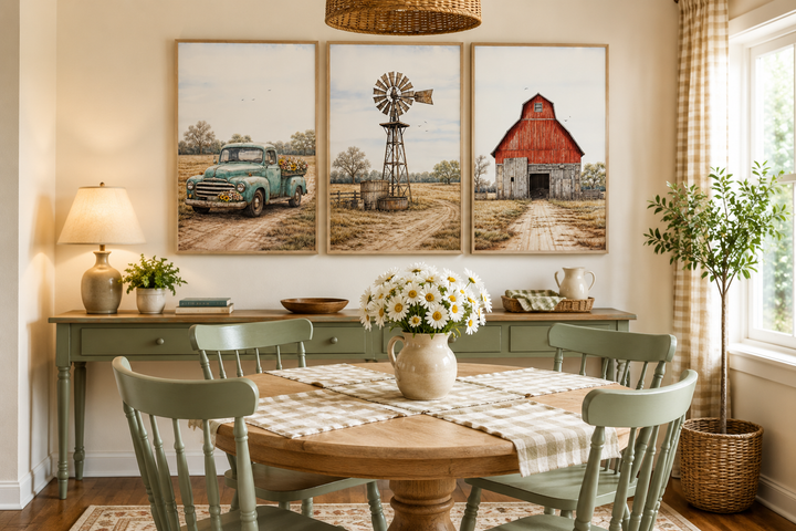 Set of 3 rustic farmhouse canvas prints featuring a vintage truck, windmill, and red barn.