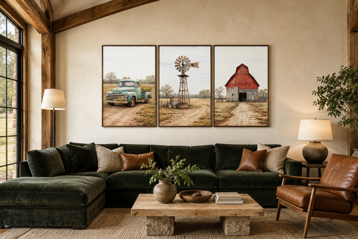 Set of 3 rustic farmhouse canvas prints featuring a vintage truck, windmill, and red barn.